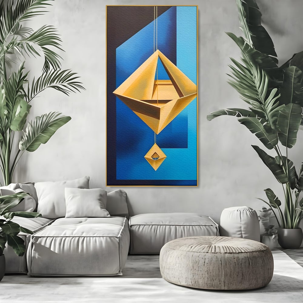 Tablou canvas cu tablou canvas cu amuleta geometrica auriu si albastru, in rama de aluminiu auriu, pe perete intr-un living